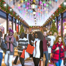 A busy holiday shopping scene with shoppers checki
